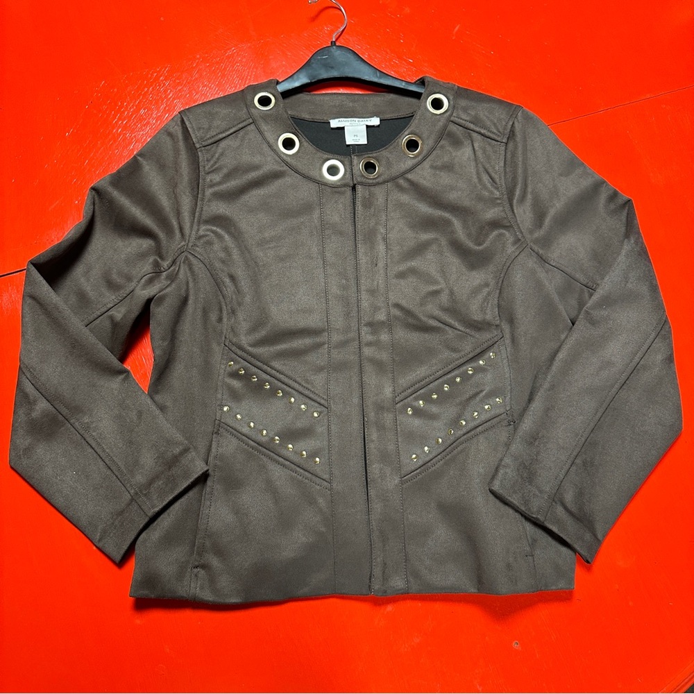 ALLISON DALEY FAUX SUEDE JACKET GOLD GROMMETS AND STUDS